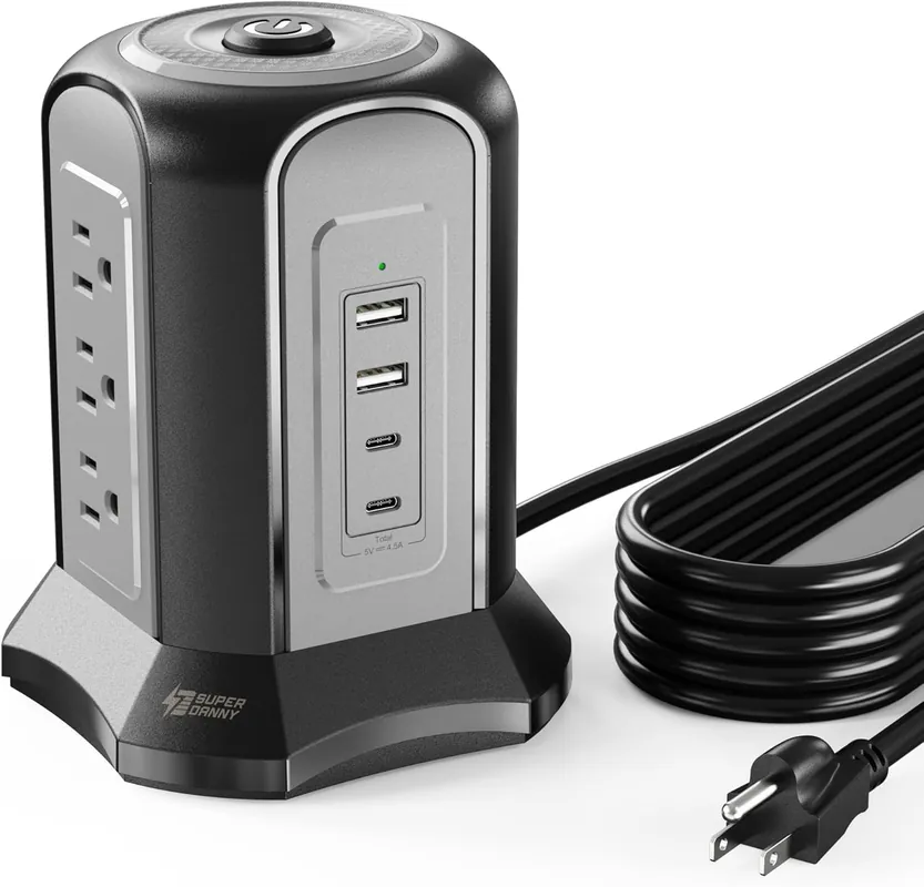 Power Strip Tower Surge Protector Desktop Charging Station, 10 Ft Extension Cord, 9 Outlets, 4 USB Ports Black