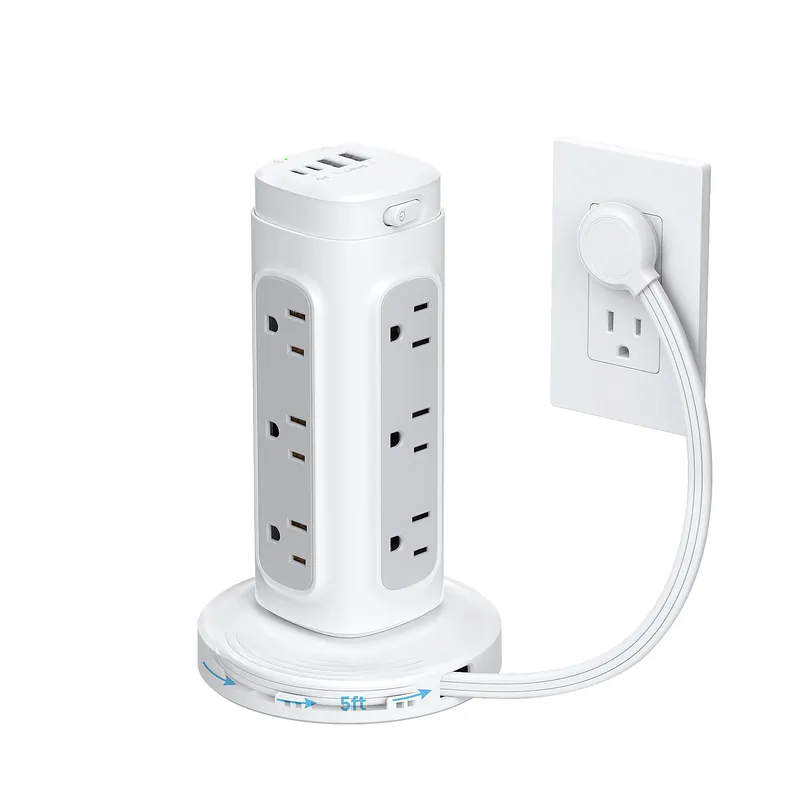 Flat Plug Power Strip Tower - 5ft Retractable Extension Cord with Multiple Outlets, Surge Protector Power Strip
