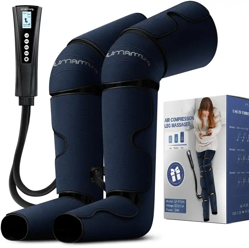 Air Compression Leg Massager with Heat Relieves Foot and Knee Pain, Eases Varicose Veins, Cramps, Swelling and Edema