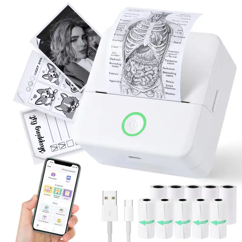 Thermal Mini Printer, Portable Inkless Sticker Maker, Bluetooth Printer for Phone, Wireless Label Printer with Tape