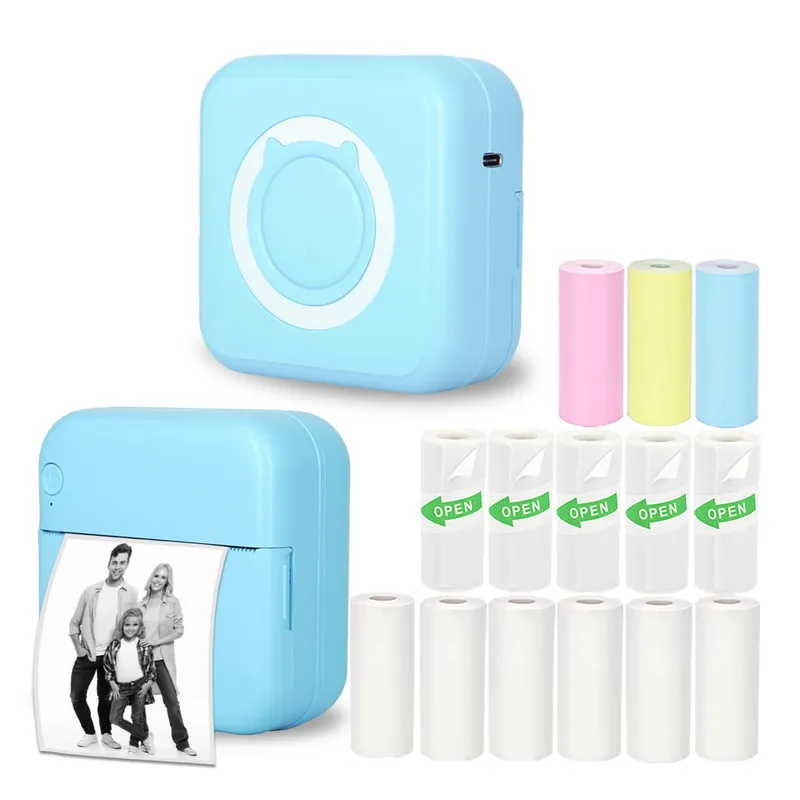 Mini Thermal Printer, Inkless Sticker Printer with 14 Rolls Paper, Bluetooth Portable Printer, Blue