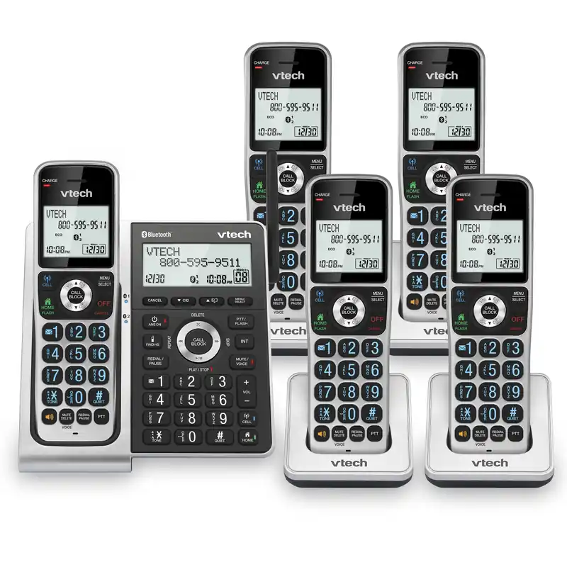 5 Handsets Cordless Home Phone with Bluetooth, Answering System, Smart Call Blocker, Caller ID Announce (Silver & Black)