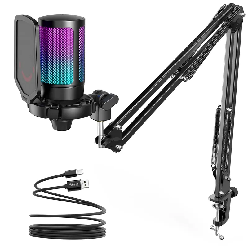 Gaming PC USB Microphone, Podcast Condenser Mic with Boom Arm, Pop Filter, Mute Button for Streaming, Twitch, Online Chat, RGB Computer Mic for PC Gamer Youtuber-AmpliGame A6T