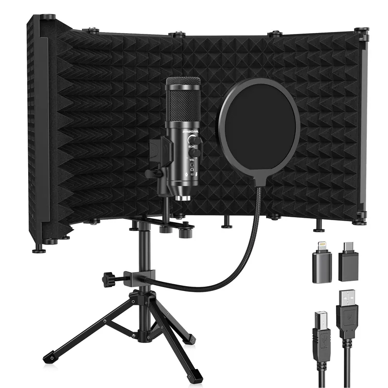 Recording Microphone Isolation Shield with Pop Filter and Metal Tripod Stand, USB Condenser Mic to PC Laptop Smartphone, Studio Microphone for Recording Singing Podcasting