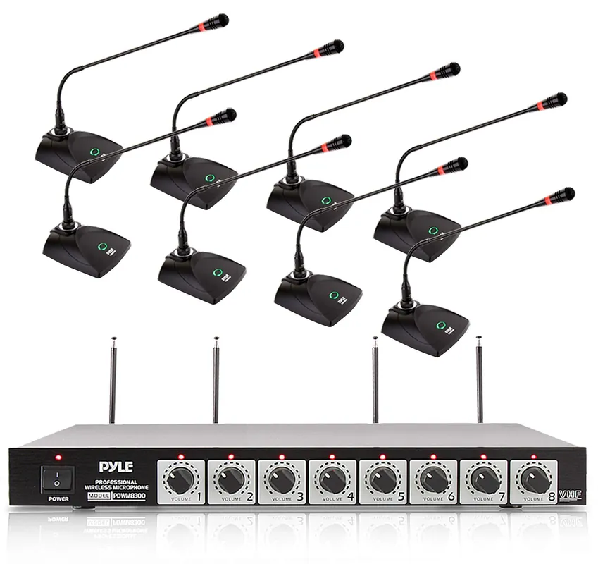 8 Channel Wireless Microphone System - Portable VHF Cordless Audio Mic Set with 1/4" and XLR Output, Dual Antenna, - Includes 8 Table Top Mics, Rack Mountable Receiver Base - Pyle PDWM8300,Black