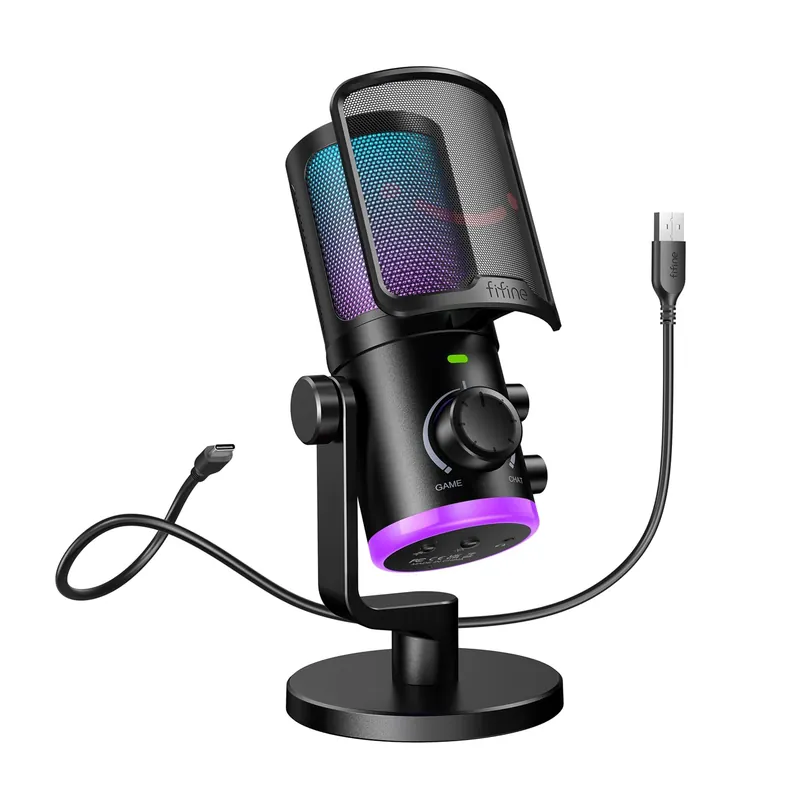 Gaming PC Microphone, USB Streaming Microphone with Game Chat Balance, Computer Condenser Desktop RGB Mic with Mute Button, Noise Cancellation for Podcast/Twitch/Discord-AMPLIGAME AM6