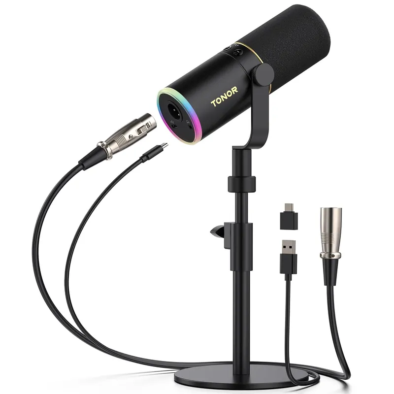XLR/USB Gaming Mic, Dynamic Microphone for Podcast Recording Streaming with RGB Light, Mute Button, Headphones Jack, Monitoring, Desktop Stand, Metal Vocal Mic for PC Mac Android PS4/5 TD520S