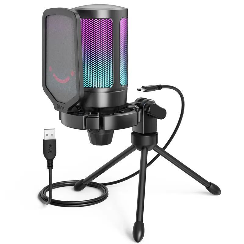 Gaming USB Microphone for PC PS5, Condenser Mic with Quick Mute, RGB Indicator, Tripod Stand, Pop Filter, Shock Mount, Gain Control for Streaming Discord Twitch Podcasts Videos- AmpliGame