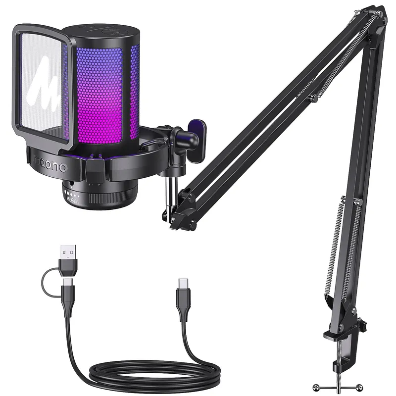 Gaming USB Microphone, Noise Cancellation Condenser mic with Mute, Gain, Monitoring, Boom Arm for Streaming, Podcast, Twitch, YouTube, Discord, PC, Computer, PS4, PS5, Mac, GamerWave DGM20S