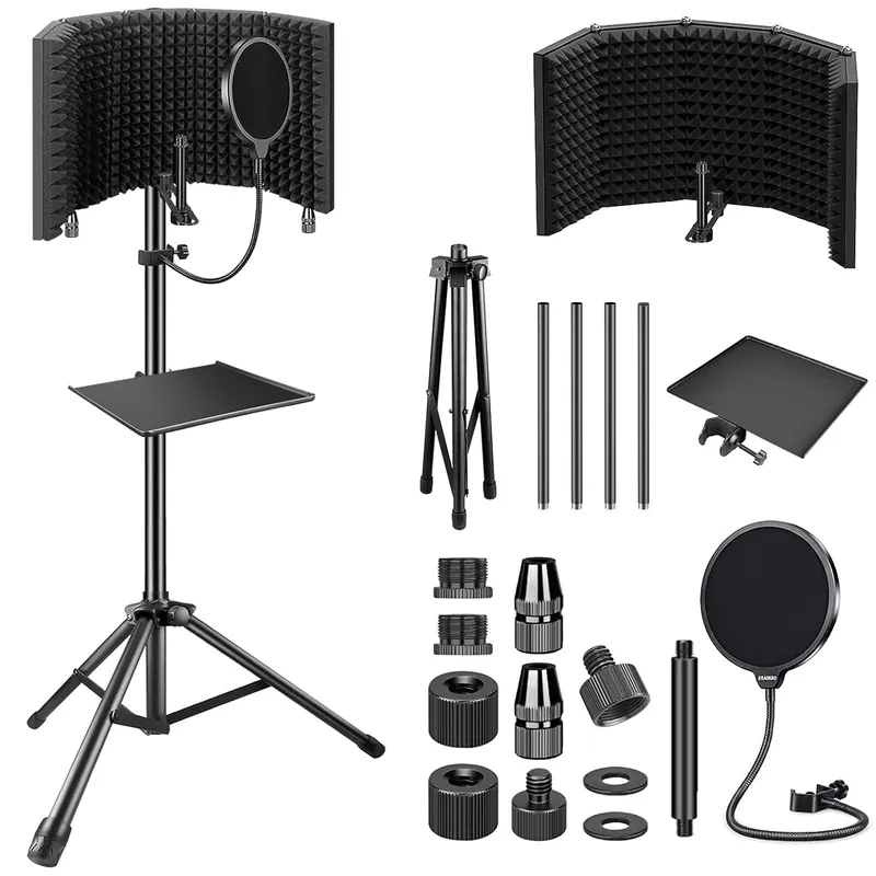 Studio Recording Microphone Isolation Shield with Pop Filter & Tripod Stand, High Density Absorbent Foam to Filter Vocal, Foldable Sound Shield for Blue Yeti and Condenser Microphones