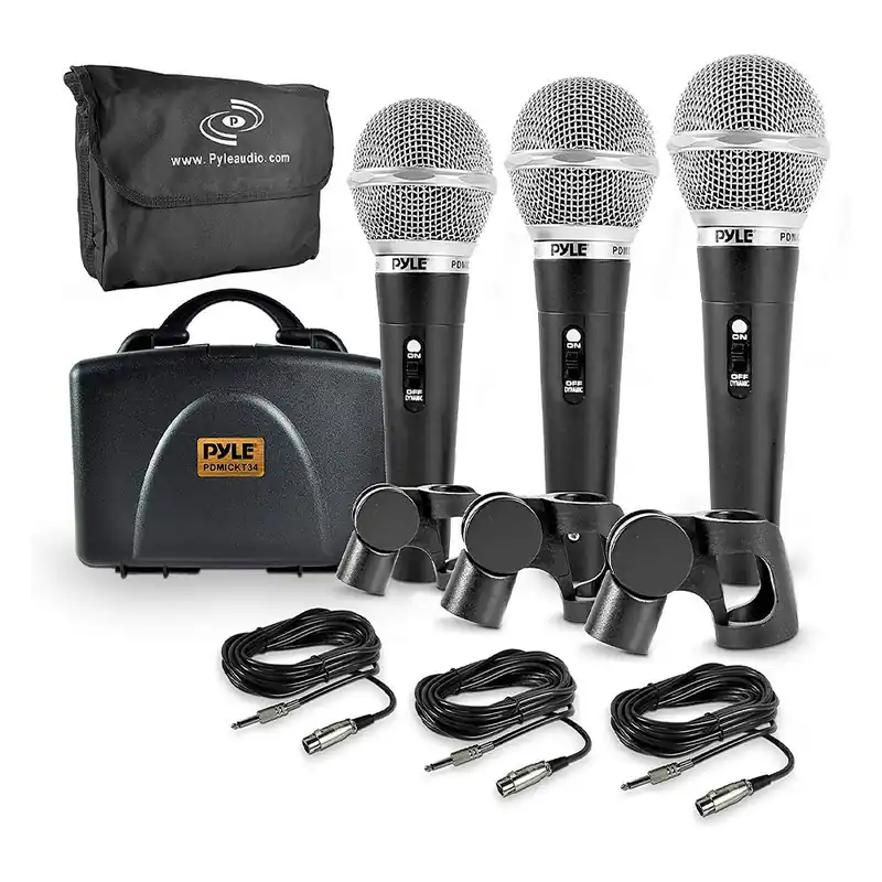 Pyle 3 Piece Professional Dynamic Microphone Kit Cardioid Unidirectional Vocal Handheld MIC with Hard Carry Case & Bag, Holder/Clip & 26ft XLR Audio Cable to 1/4‘‘ Audio Connection (PDMICKT34),Black