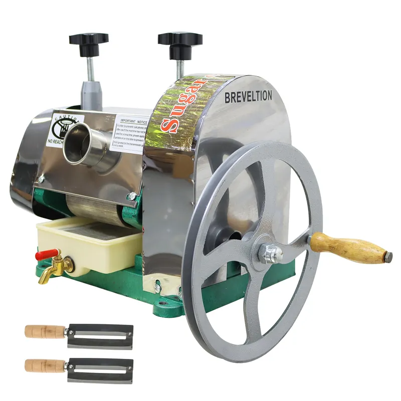 Manual Sugar Cane Press Juicer Machine, 3 Rolls Stainless Steel Sugarcane Crusher Grinder, W/2 Peeling Knives and Wooden Handle, for Sugarcane Ginger Sweet Sorghum