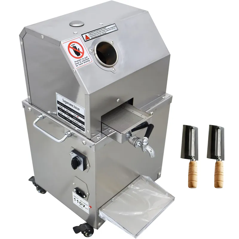 Sugar Cane Juicer Electric Sugarcane Press Vertical Sugar Cane Ginger Press Juicer Sugarcane Juice Extractor 3 Stainless Steel Rollers Juice Press Machine 300Kg/H with 2 Knives 110V