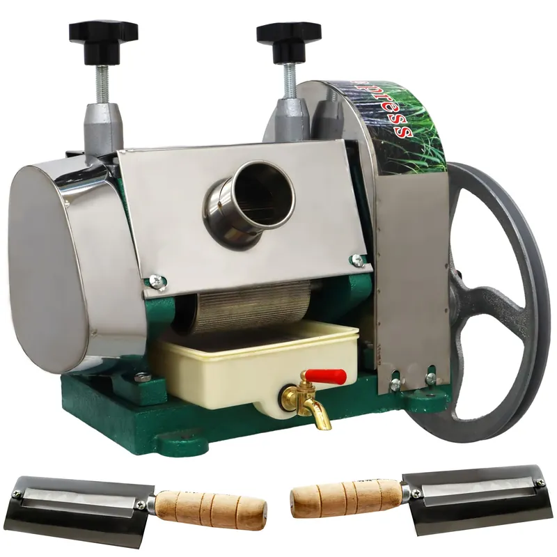 Sugar Cane Juicer Machine Manual Sugar Cane Press Juicer with Three Rollers Sugarcane Mill Juicer Sugarcane Juice Press Machine with Hand Crank Faucet and 2 Peeling Knives