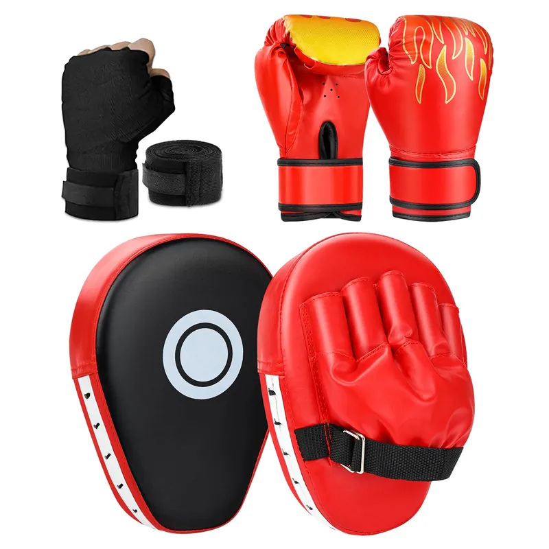 3-in-1 Boxing Gloves and Punching Mitts Set for Kids Youth, Kids Boxing Gloves Curved Punching Pads with Hand Wraps, Focus Mitts Boxing Equipment Set for Boxing Training MMA Karate Muay Thai Taekwondo