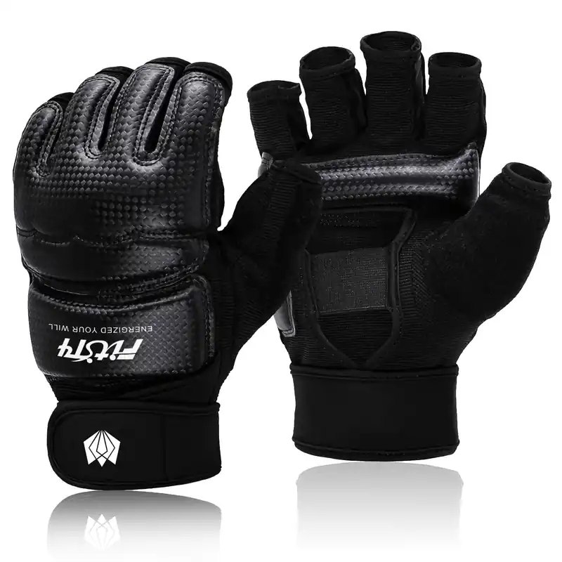 FitsT4 Sports Half Mitts MMA Training Boxing Punch Bag Kickboxing Sparring Grappling Martial Arts Muay Thai Taekwondo Wrist Wraps Support Gloves for Women Men Black L