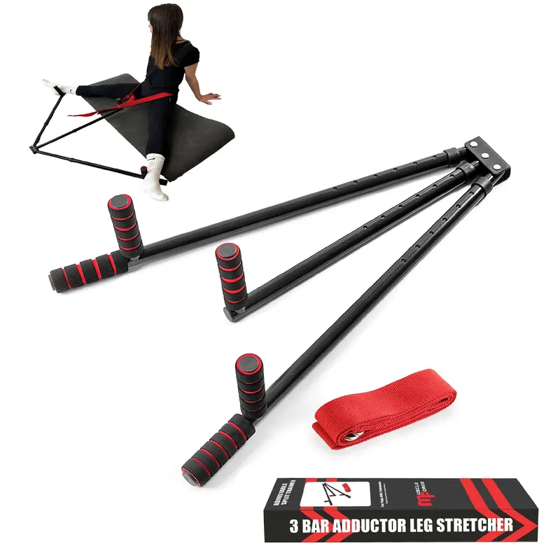 MuscleForge 3-Bar Leg Stretcher for Splits and Adductor Stretch - Legs Spreader to Over 180° Split Machine Trainer Groin Flexibility Ballet Stretching Equipment with Padded Grips and Strap Attached