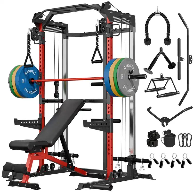 Mikolo Power Cage, 2000LB Power Rack with Independent Dual Pulley System, Multifunction Home Gym Workout Machine for Cable Crossover (Red Package)