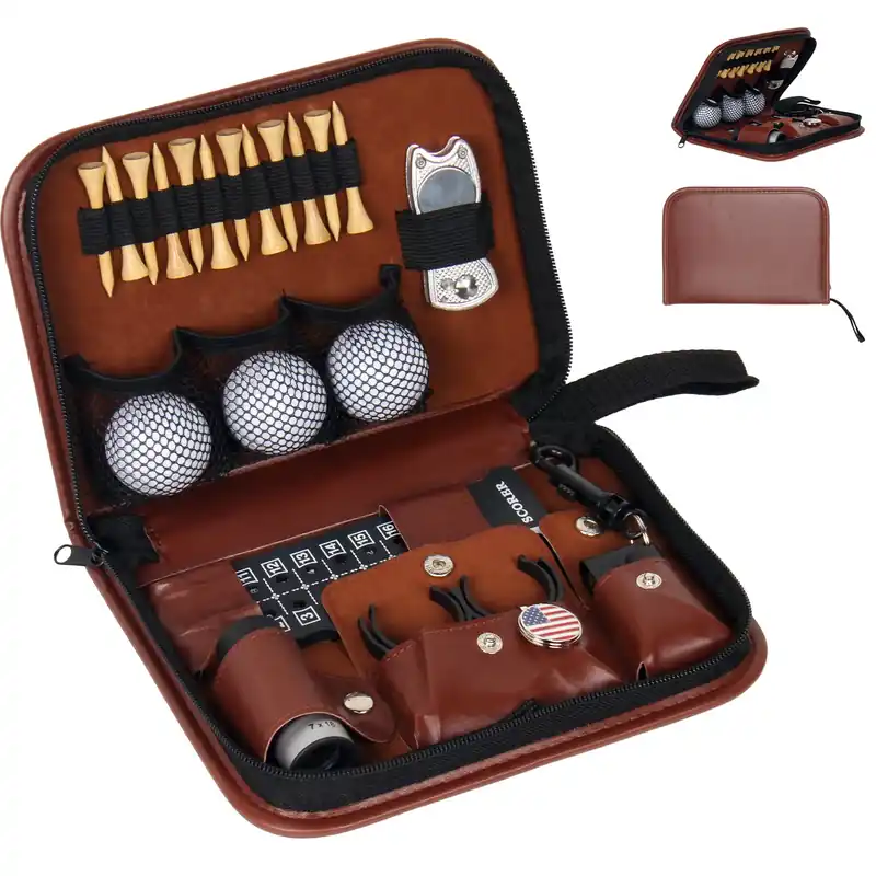 LEXICHER Golf Accessories Kit, Golf Stuff Set with Leather Case, Golf Balls, Golf Tees, Golf Brushes, Rangefinder, Scorer, Ball Marker + More