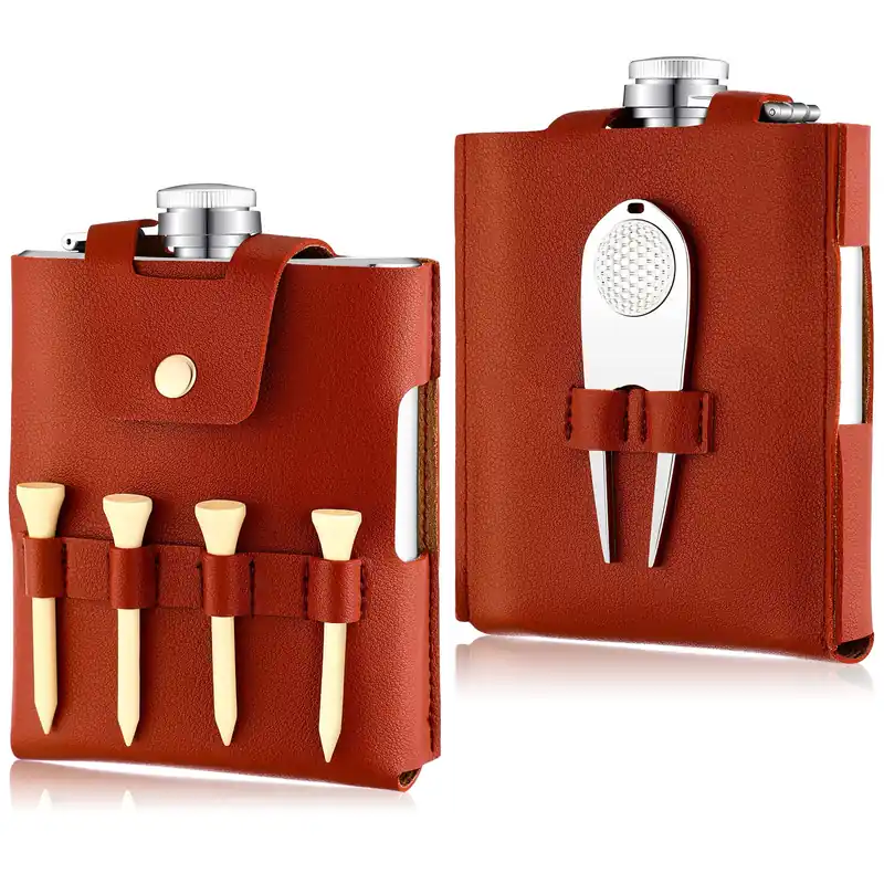 Remerry Golf Flask Gift Set 7 oz Stainless Steel Flask with Leather Case Golf Accessories (Brown)