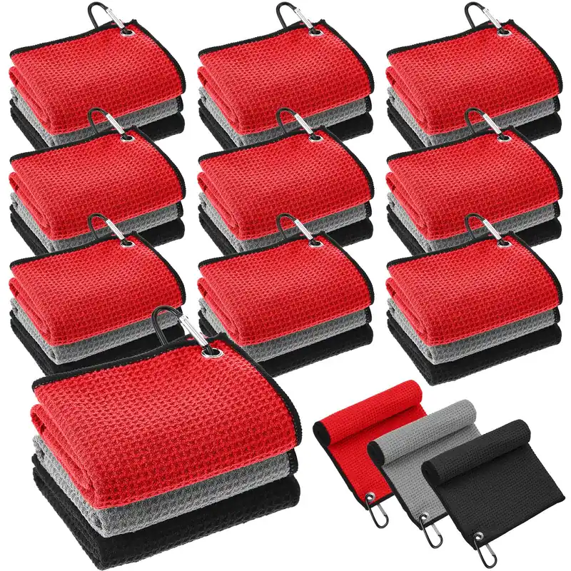 Batiyeer 30 Pcs Bulk Golf Towels for Golf Bags 16‘‘ x 16‘‘ Microfiber Fabric Golf Towel Waffle Pattern (Black, Gray, Red)