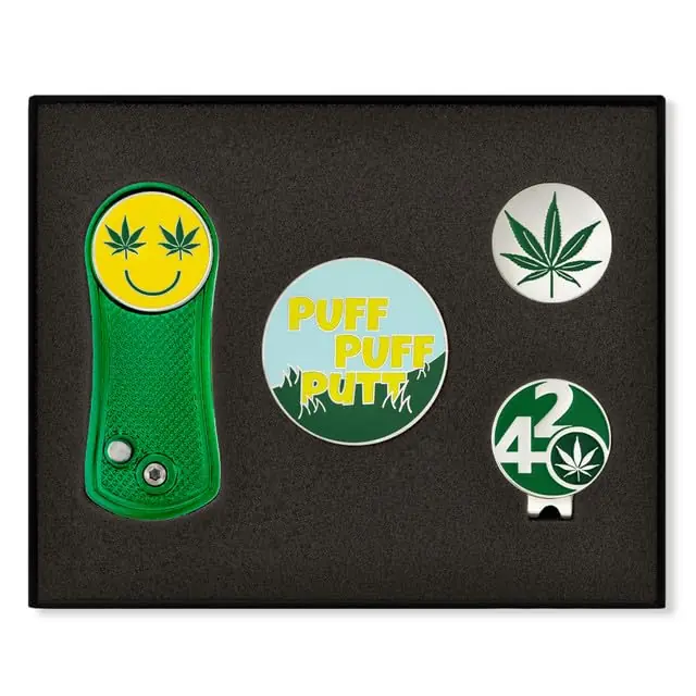 PinMart‘s Marijuana Golf Gift Set, Golf Divot Tool, Hat Clip, Ball Markers, Large Ball Marker