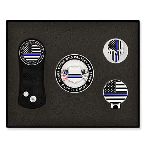 PinMart‘s Thin Blue Line Flag Golf Essentials Gift Set, Golf Divot Tool, Hat Clip, Magnetic Ball Markers + More