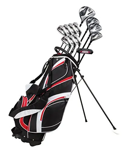 18 Piece Men‘s Complete Golf Club Package Set With Titanium Driver, 3 & 5 Fairway Woods (Red, Regular Size)