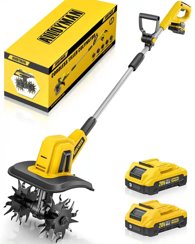 Alloyman 20V Cordless Tiller Cultivator, 360RPM Electric Garden Tiller, with 2 * 2.0Ah Batteries & Charger, 9In Tilling Width and 6.6In Depth