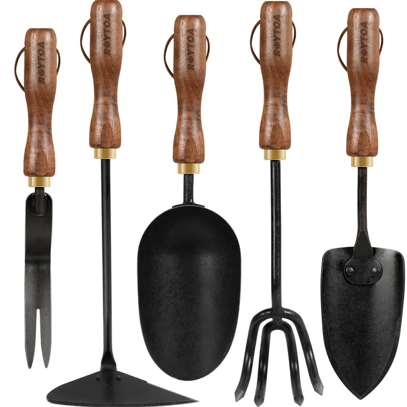 Garden Tool Set,5Pcs Gardening Tools, Stainless Steel Heavy Duty Hand Cultivator, Hoes, Shovel, Trowel and Weeder