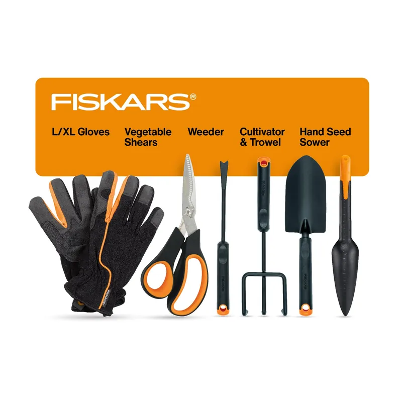 Vegetable Garden Tool Set with Vegetable Shears, Seed Sower, Trowel, Cultivator, Weeder, and L/XL Garden Gloves (6 Piece Kit)