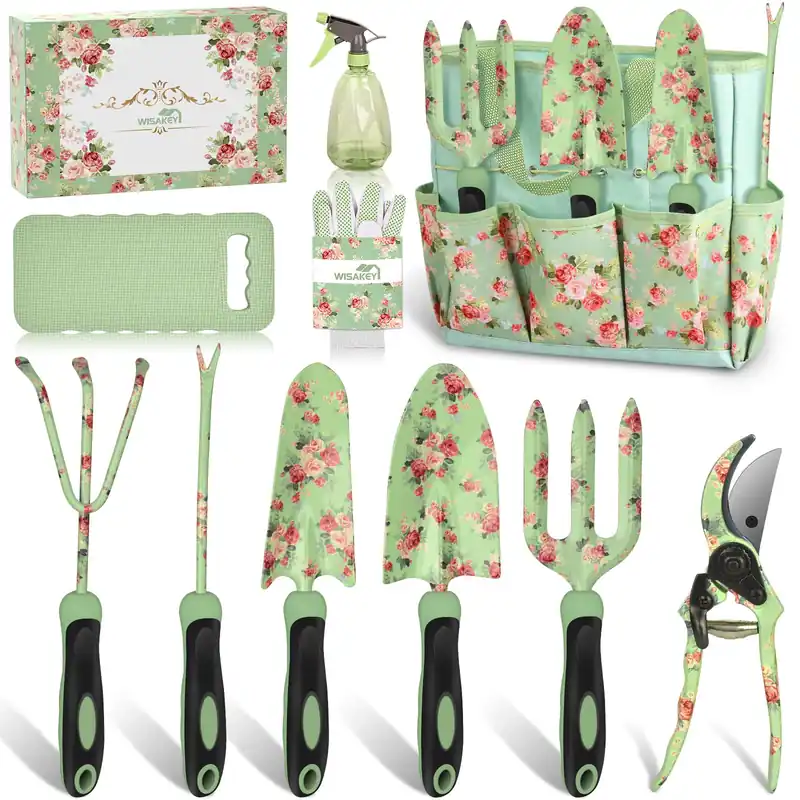 Gardening Tools, WisaKey 10 Piece Heavy Duty Green Garden Tools Set with Non-Slip Ergonomic Handle, Durable Fashion Garden Tool Organizer HandBag