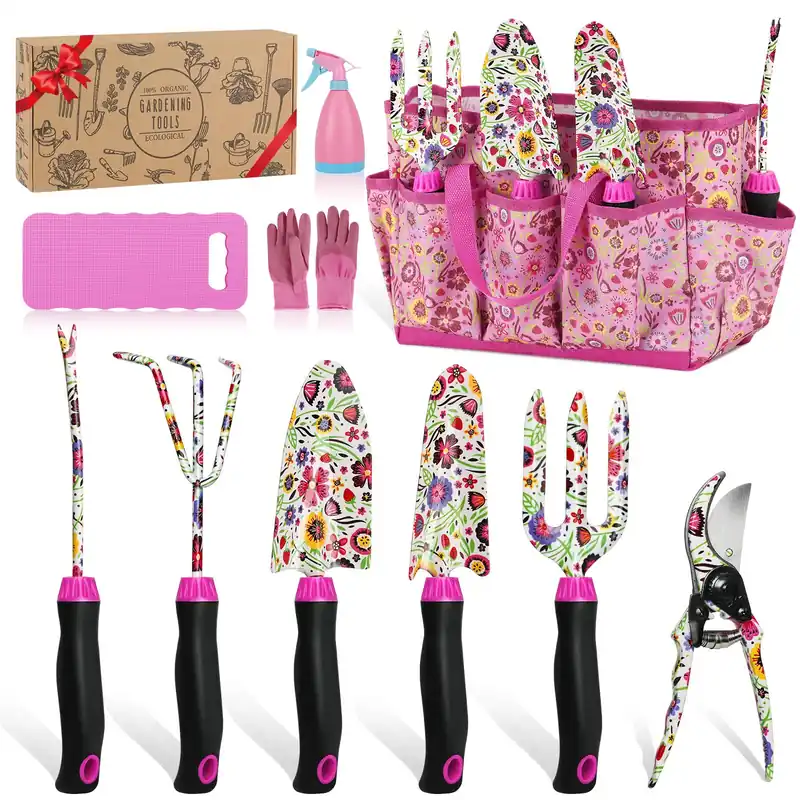 Housolution Gardening Tools Set, 10 PCS Stainless Steel Heavy-Duty with Non-slip Soft Rubber Handle with Large Garden Bag, Pink