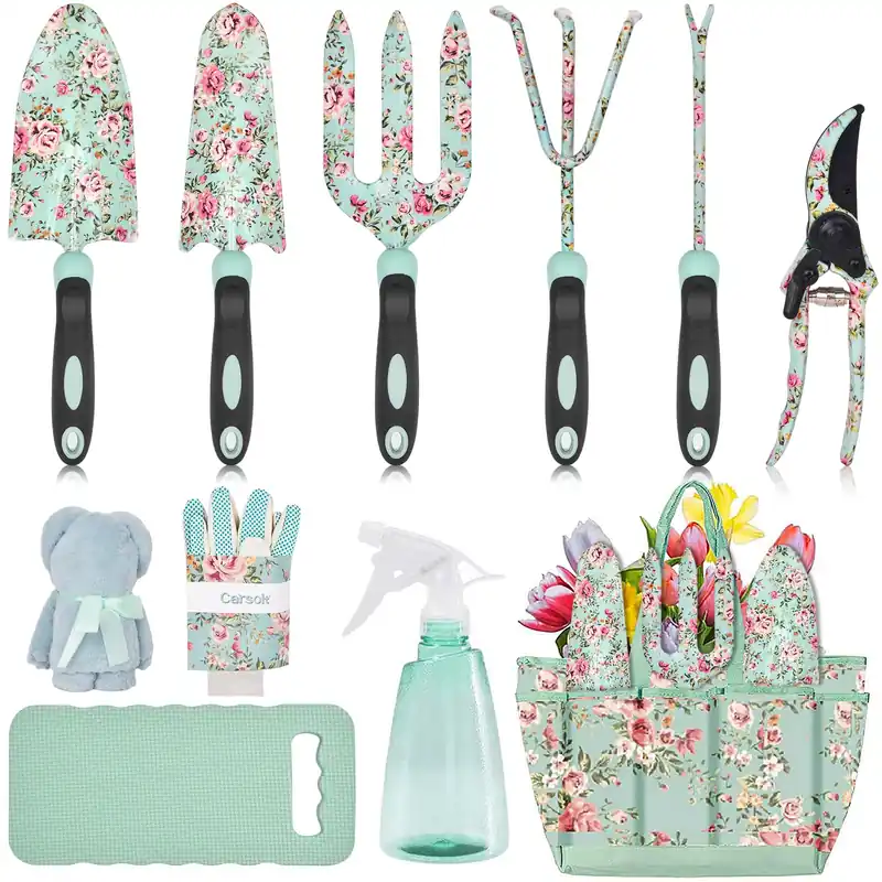 Garden Tools Set, Carsolt 11 Pcs Heavy Duty Floral Gardening Tools Kit with Non-Slip Rubber Handle, Special Gardening Gifts