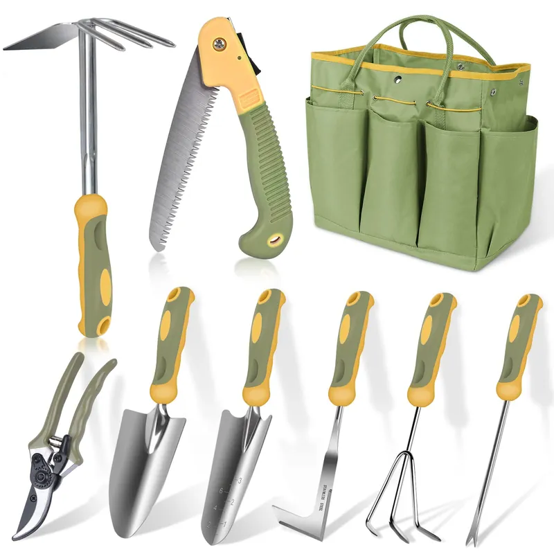 Garden Tool Set, WisaKey 9 Piece Stainless Steel Heavy Duty Green Gardening Tools with Non-Slip Ergonomic Handle