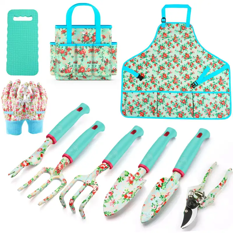 Garden Tools Set, JUMPHIGH 10 PCS Heavy Duty Gardening Tools Includes Hand Trowel Rake Weeder Pruner, Gardening Gifts for Women