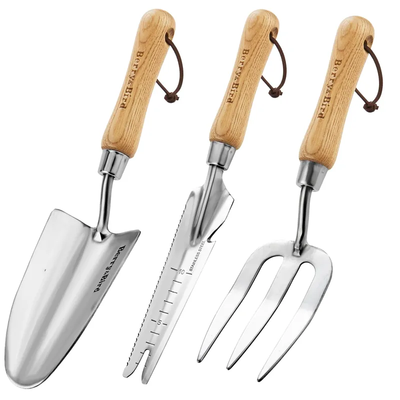 Berry&Bird Gardening Hand Tool Set - 3PCS Stainless Steel Garden Tool Kit Multifunctional Tool with Wooden Handle Trowel