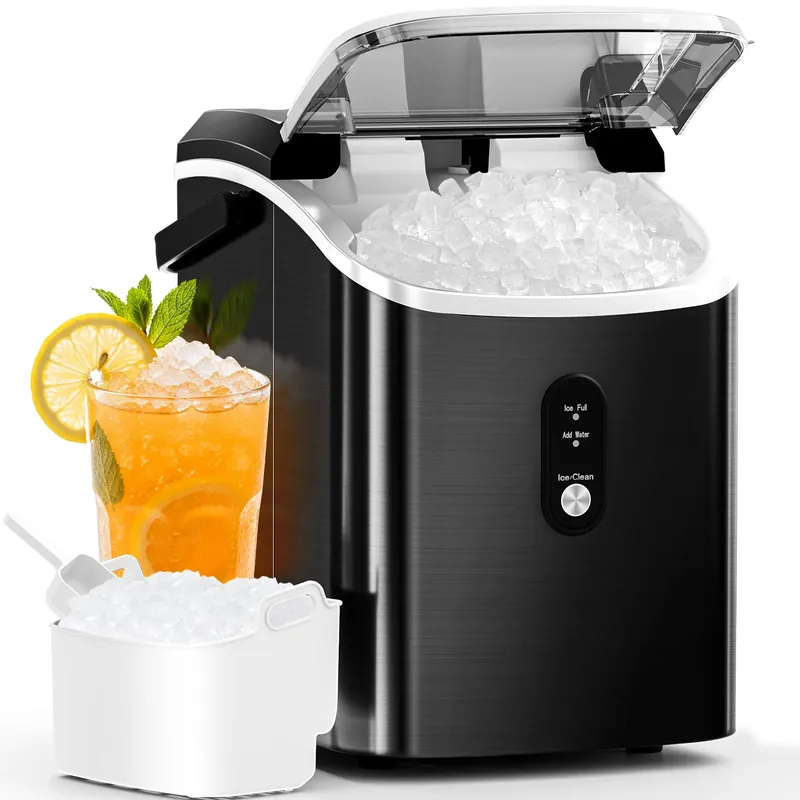 Antarctic Star Nugget Ice Maker Countertop with Soft Chewable Ice, Portable Sonic Ice Maker with Basket and Scoop, Removable Top Cover (Stainless Steel Black)