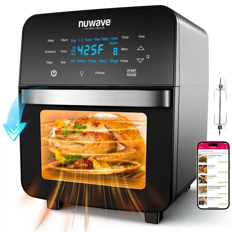 Nuwave Brio 15.5Qt Air Fryer Toaster Oven & Rotisserie Kit, 2024 New Advanced Turbo Convection Tech, 4 Rack