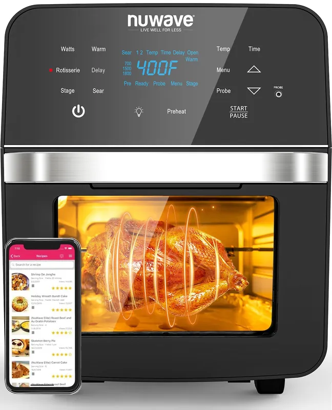 Nuwave Brio Air Fryer Oven, 15.5Qt X-Large Family Size, SS Rotisserie Basket &-Skewer Kit