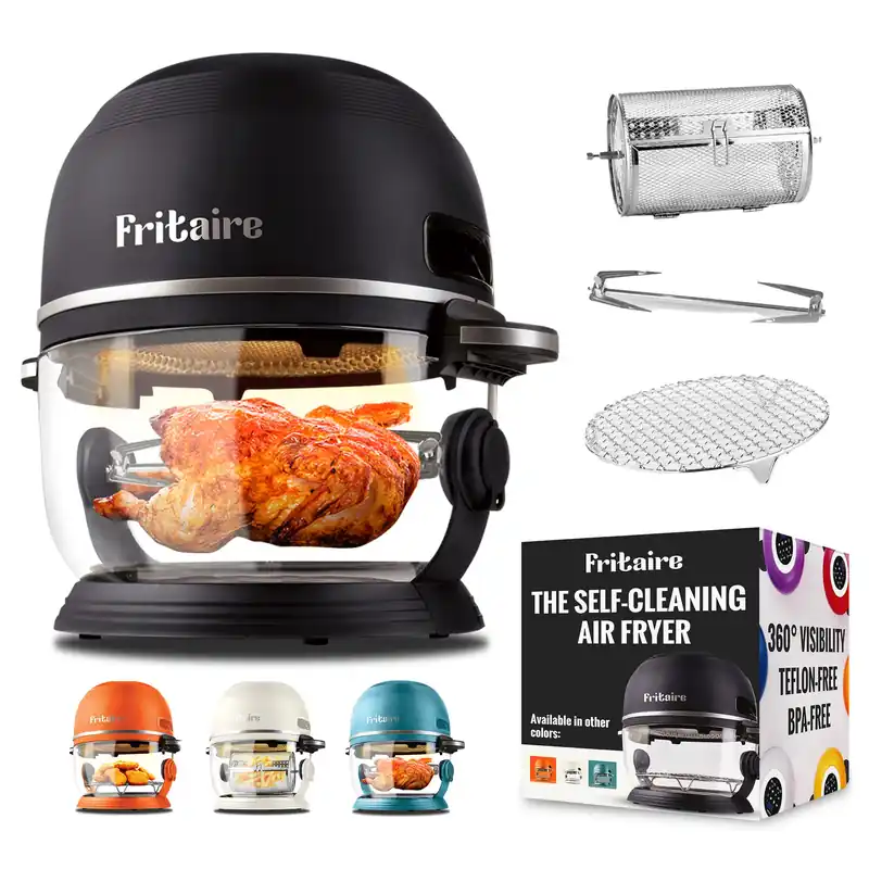 Non Toxic Air Fryer™ - Glass AirFryer 5 Quart w/ 360 Visibility, Self-Cleaning, 400F Vortex Air Fryer for Even Cooking, BPA-Free Teflon Free, 9-in-1 Functions, Rotisserie, Roast, Bake, Black