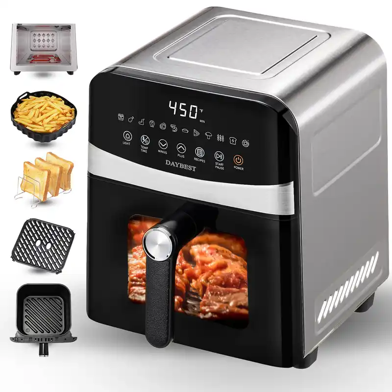 Stainless Steel Air Fryer Ceramic 12 in 1, Dual-Blazes in Steel Housing, 6QT 2-3 Servings Visible 8.27" Basket with Teflon-Free Premium Coating, 1700W, DAYBEST Dishwasher Safe Kits (Stainless Steel)