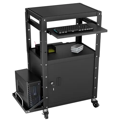 Mobile AV Cart with Side Shelves, Rolling Computer Cart Height Adjustable Rolling Media Utility Cart with Pullout Keyboard Tray