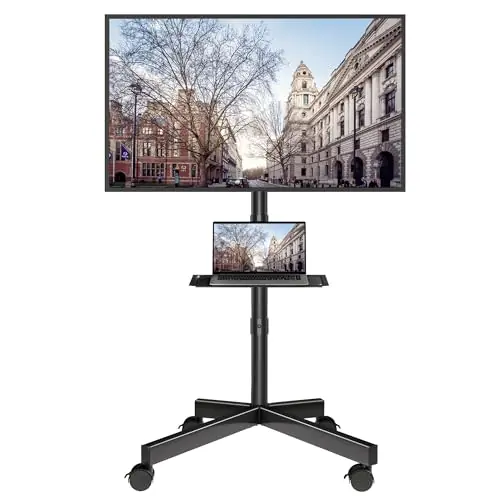 BONTEC Mobile TV Stand with Tilt Function, Rolling TV Stand for 23-60" LED, LCD, OLED TVs, Holds up to 88lbs, Max VESA 400x400mm, Adjustable Media Shelf (Black, 17.1x15.7x59.6 in)