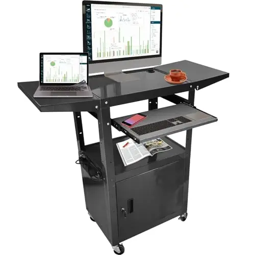 AV Cart with Locking Cabinet and Keyboard Tray Height Adjustable Utility Cart with Extra Storage, 300 Lbs(Black/43”x18”x43”)