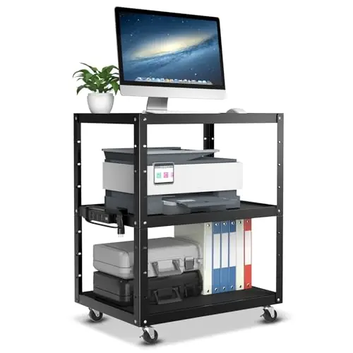 Auto Dynasty Height Adjustable AV Presentation Cart with Power Strip, 42" x 35" Rolling Storage AV Carts, 2 USB Ports
