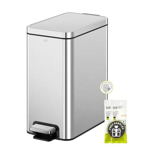 EKO Small Bathroom Trash Can with Lid Soft Close, Step Pedal, 10 Liter / 2.6 Gallon Stainless Steel Garbage Can (Silver)