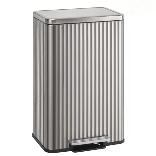 SONGMICS Trash Can, 13 Gallon (50 L) Garbage Can for Kitchen, with Lid, Pedal, and Removable Inner Bucket, Soft Close, Stainless Steel, 15 Trash Bags (Code K) Included, Metallic Silver ULTB586EZ01