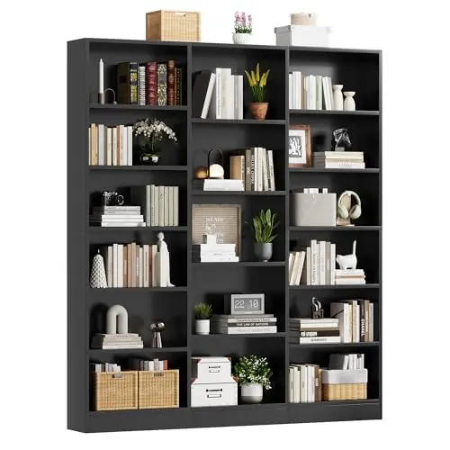 ELYKEN Triple Wide Bookshelf, 6 Tier Bookshelf Large Bookcase with 17 Open Display Shelves, 74‘‘ Tall, Library