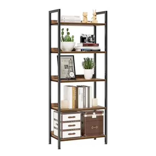 NUMENN Bookshelf, 5 Tier Bookshelves, Home Office Bookcase Shelf Storage Organizer, Free Standing Storage Shelving, Vintage